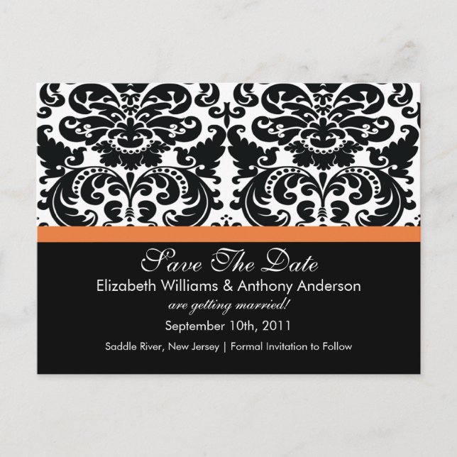 Damask Save The Date Coral Rose POSTCARD! Announcement Postcard (Front)