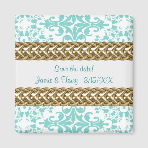 Damask Save the Date Magnet  Lt Blue White Gold 01