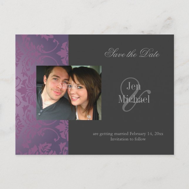 Damask Save the Date Photo postcards, Announcement Postcard (Front)