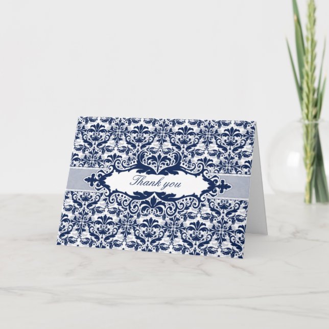 Damask & Scroll Frame Thank You card (Navy Blue) (Front)