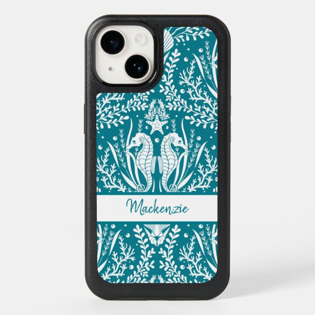 Damask Seahorses Personalized Teal and White Otterbox iPhone Case (Back)
