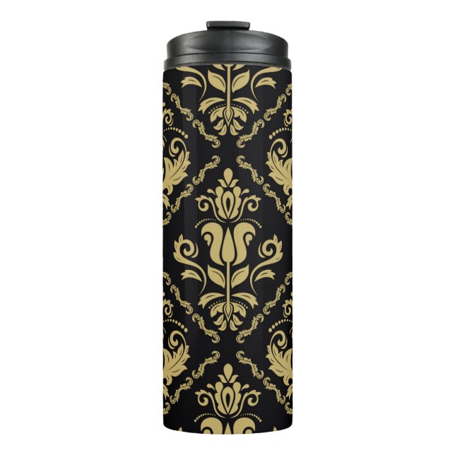 Damask seamless black and golden ornament. Traditi Thermal Tumbler (Front)