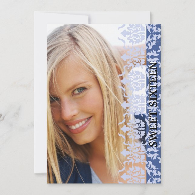 Damask See Through Photo Blue Invitation (Front)