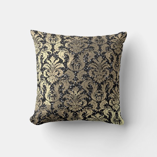 Damask Sepia Gold  Metallic Black Glitter Throw Pillow (Front)