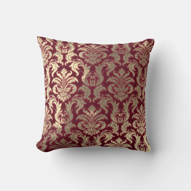 Damask Sepia Gold  Metallic Burgundy Velvet Throw Pillow (Front)
