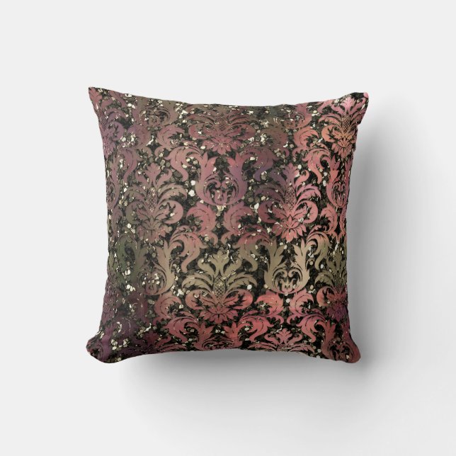 Damask Sepia Pastel Pink Green Metallic  Glitter Throw Pillow (Front)