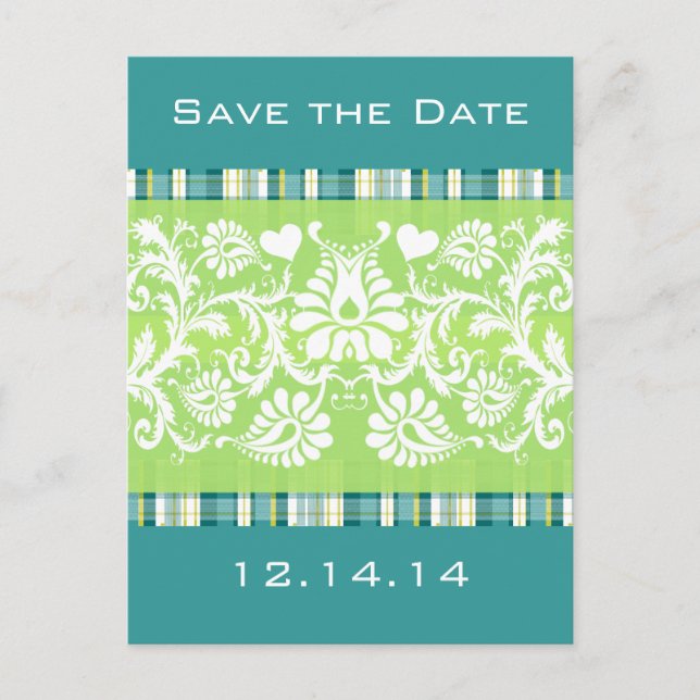 Damask Shown On Teal Plaid On Lime Announcement Postcard (Front)