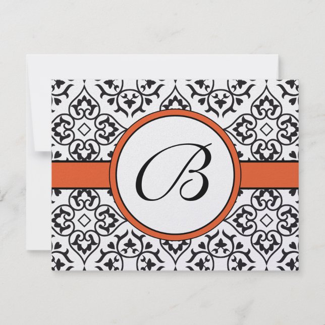 Damask Side Borders Orange Trim Wedding RSVP Card (Front)