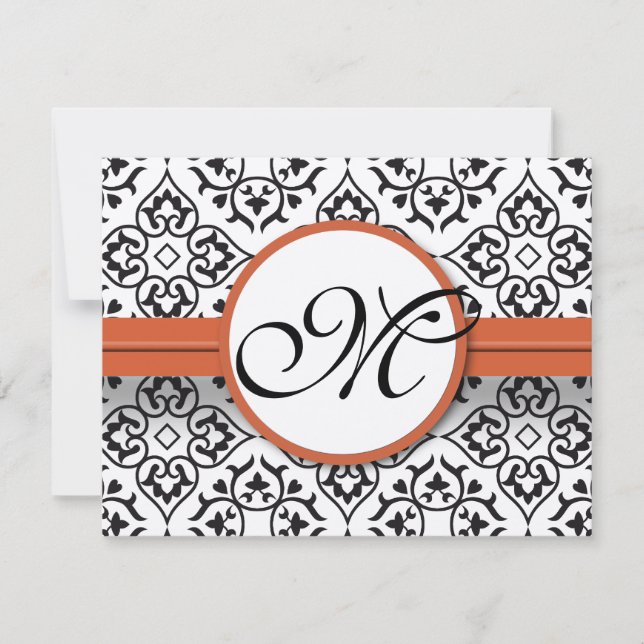 Damask Side Borders Orange Trim Wedding RSVP Card (Front)