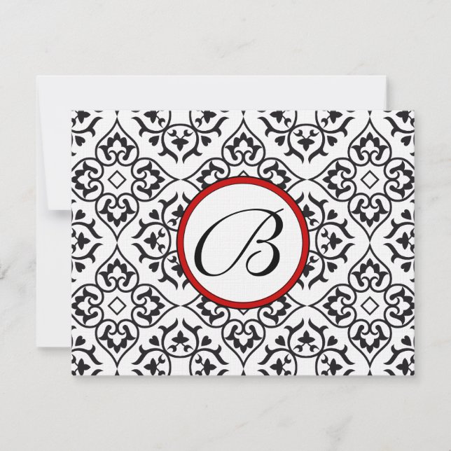 Damask Side Borders Red Trim Wedding RSVP (Front)