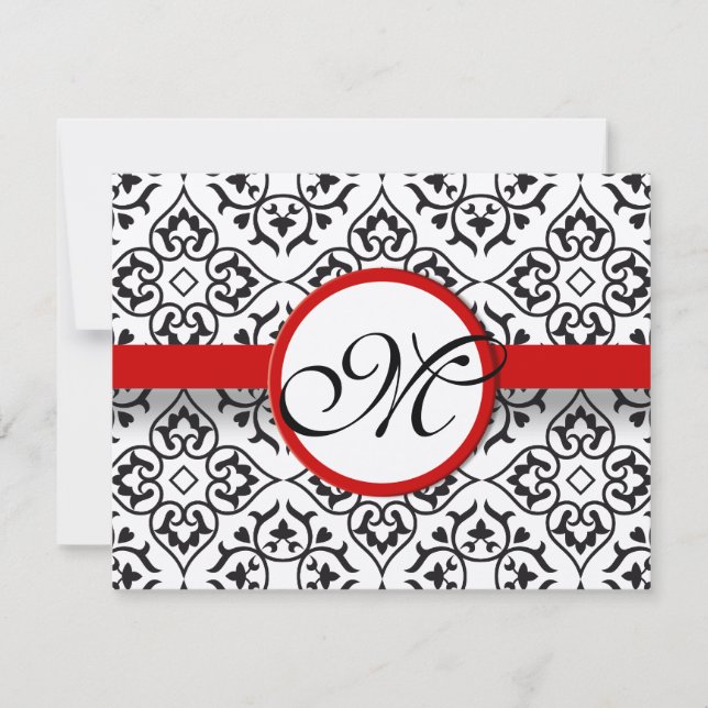 Damask Side Borders Red Trim Wedding RSVP Card (Front)