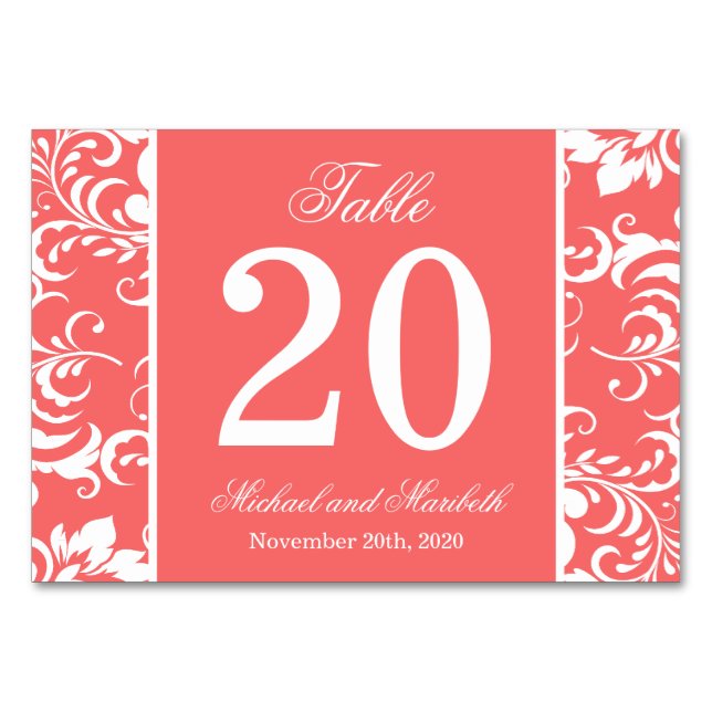 Damask Sides Table Numbers (Coral / White) (Front)