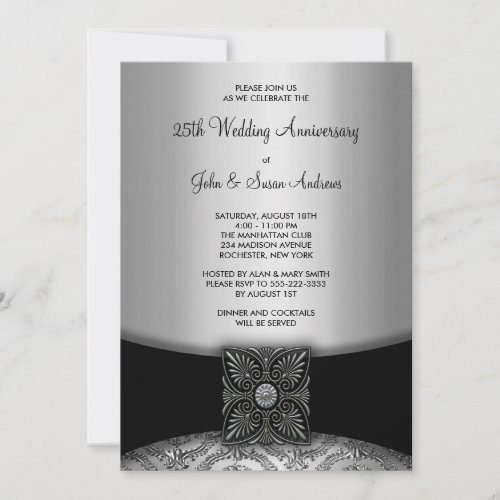 Damask Silver 25th Anniversary Party Invitations