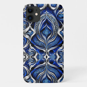 Damask Silver Blue Black Abstract iPhone 11 Case