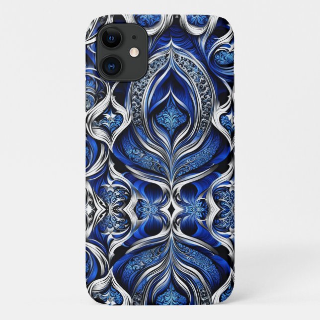 Damask Silver Blue Black Abstract Case-Mate iPhone Case (Back)