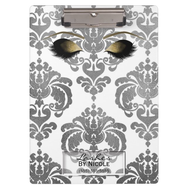 Damask Silver Gold Makeup Eyes Lashes Personalized Clipboard (Front)