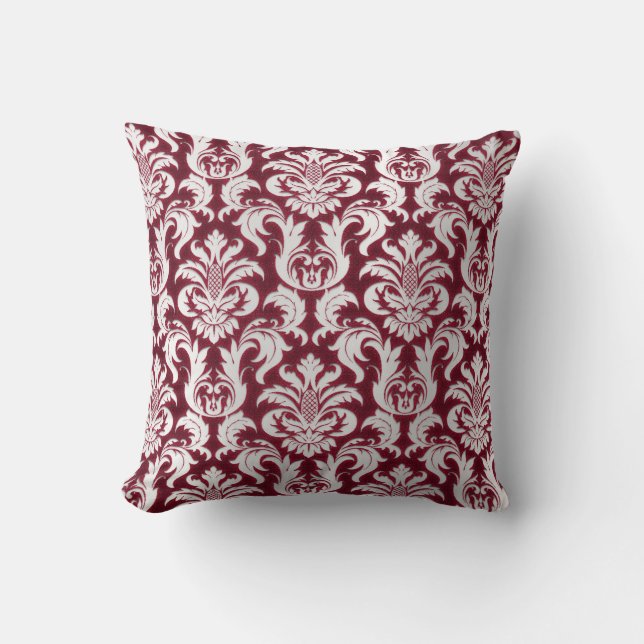 Damask Silver Gray Metallic Burgundy Velvet Throw Pillow (Front)