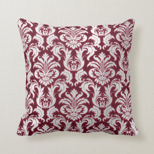 Damask Silver Gray Metallic Burgundy Velvet Throw Pillow