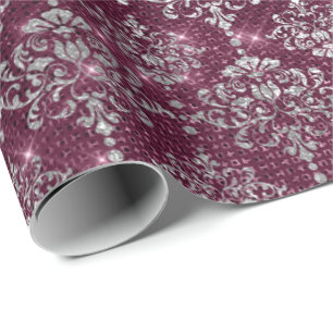 Damask Silver Gray Royal Burgundy Beetroot Sparkly Wrapping Paper