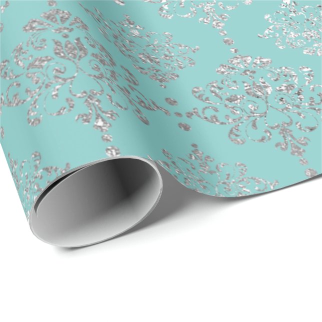 Damask Silver Gray Royal Metallic Aqua Blu Wrapping Paper (Roll Corner)