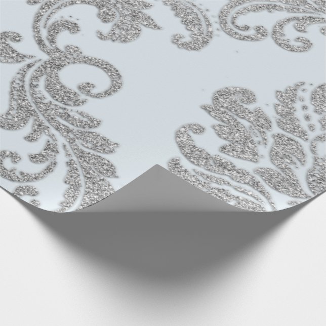 Damask Silver Gray Royal Metallic Blue Glitter Lux Wrapping Paper (Corner)