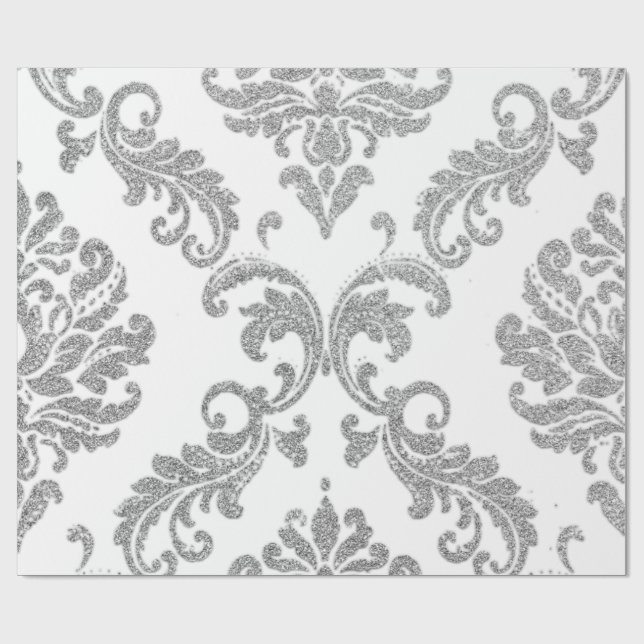 Damask Silver Gray Royal Metallic White Glitter Wrapping Paper (Flat)