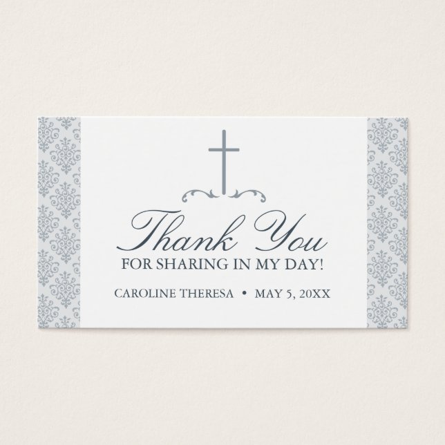 Damask Silver Gray with Cross FAVOR CARD (Front)