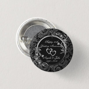 Damask, Silver Hearts,Floral Wedding Anniversary Button