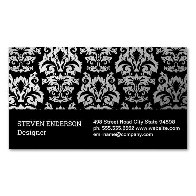 Damask Silver Metallic Pattern Black Background Business Card Magnet (Front)