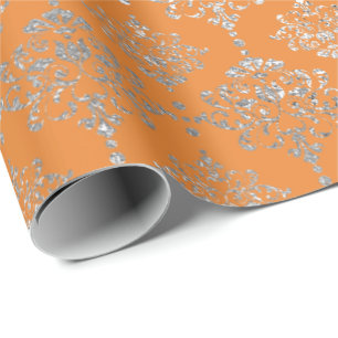Damask Silver Royal Metallic Coral Orange Delicat Wrapping Paper