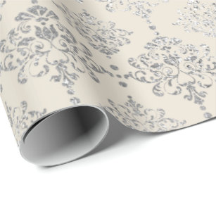 Damask Silver  Royal Metallic Ivory Cottage Wrapping Paper