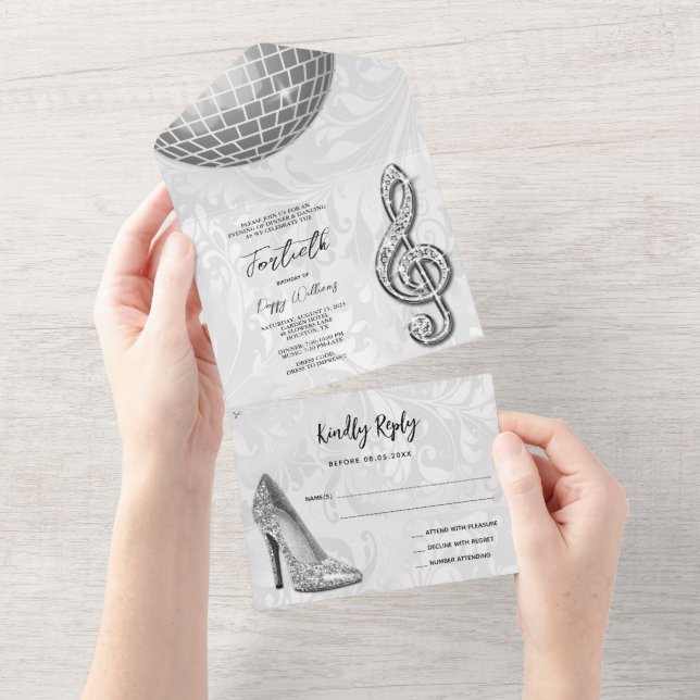 Damask, Silver Stiletto, Music & Disco Ball 40th All In One Invitation (Tearaway)