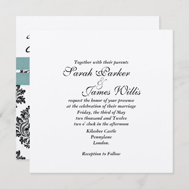 Damask Silver & turquoise metallic Wedding Invite (Front/Back)