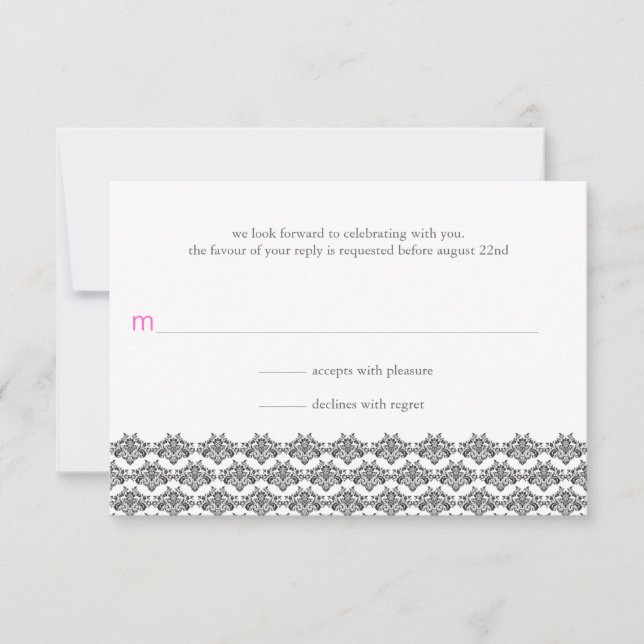 Damask Simplicity Black Pink Wedding Reply RSVP Card (Front)