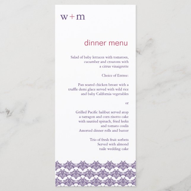 Damask Simplicity Cyan Purple Wedding Menu (Front)