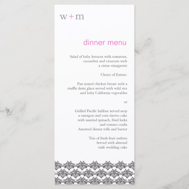 Damask Simplicity Gray Pink Wedding Menu (Front)