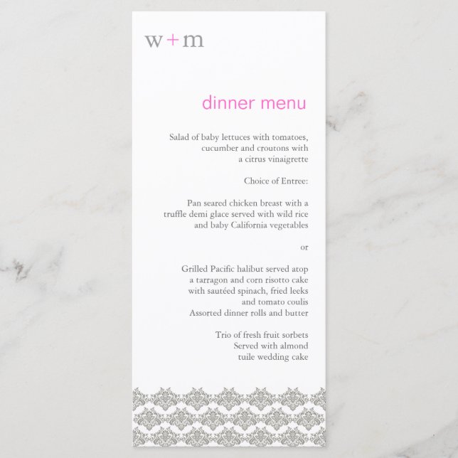 Damask Simplicity Taupe Pink Wedding Menu (Front)