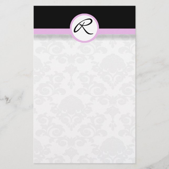 Damask Single Line Pink Monogram Stationery (Front)
