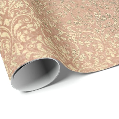 Damask Skinny Peach Coral Rose Gold Metal Bride Wrapping Paper