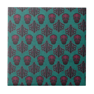 DAMASK SKULL HOT PINK ON TEAL TILE