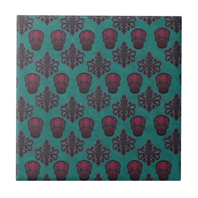 DAMASK SKULL HOT PINK ON TEAL TILE (Front)