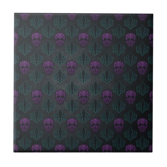 DAMASK SKULL TEAL PURPLE TILE