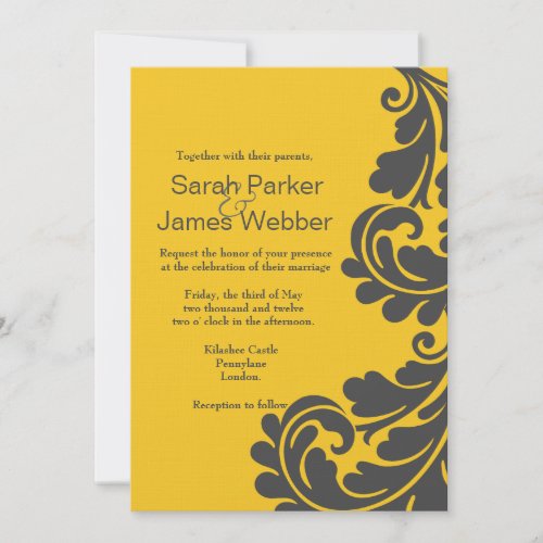 Damask Slate grey and vibrant yellow Wedding Invitations