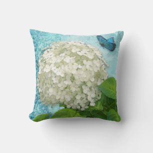 Damask Snowball White Hydrangea Blue Butterfly Art Throw Pillow