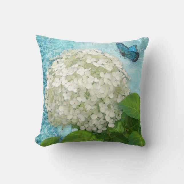 Damask Snowball White Hydrangea Blue Butterfly Art Throw Pillow (Front)