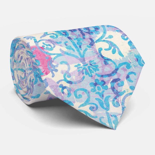Damask Spring Blue Floral Pattern Neck Tie (Rolled)