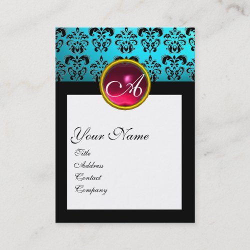 DAMASK SQUARE MONOGRAM blue turquase red ruby Business Card