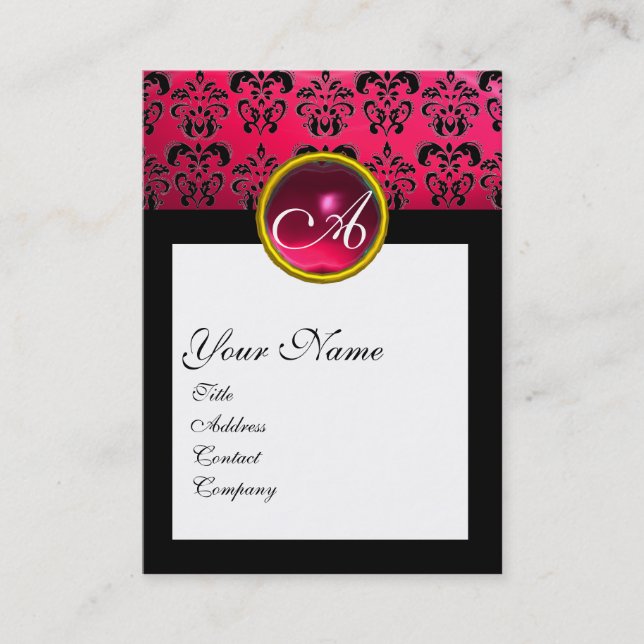 DAMASK SQUARE MONOGRAM,fuchsia ,red ruby Business Card (Front)
