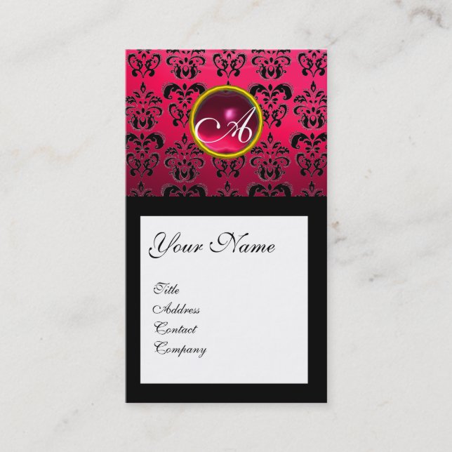 DAMASK SQUARE MONOGRAM,fuchsia ,red ruby Business Card (Front)