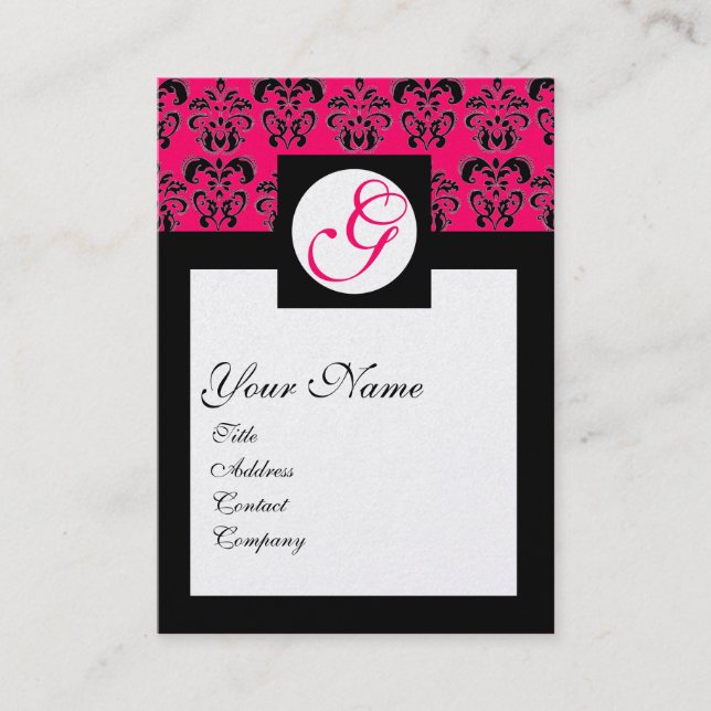 DAMASK SQUARE MONOGRAM Hot Pink Fuchsia Pearl Business Card (Front)